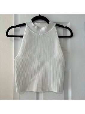Babaton Aritzia White Sculpt Knit Ribbed Mock Neck Halter Crop Top Size Small